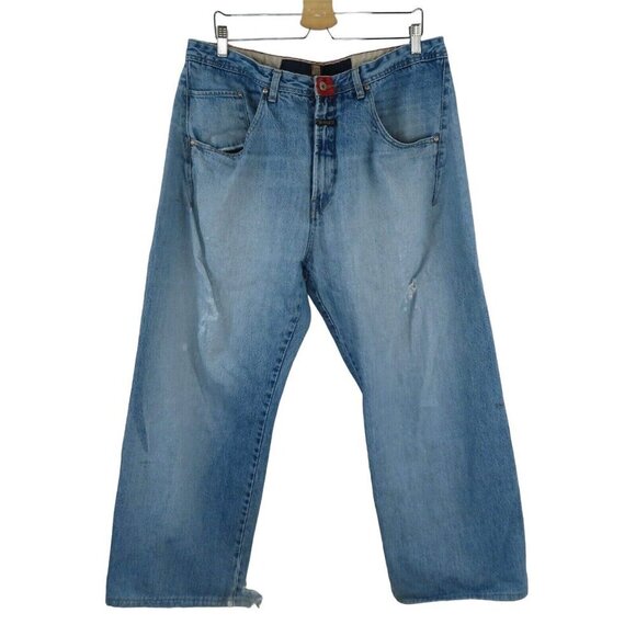 Marithe Francois Girbaud 38 x 32 Mens Blue Wash Distressed Wide Leg Jeans Pants - Picture 1 of 12